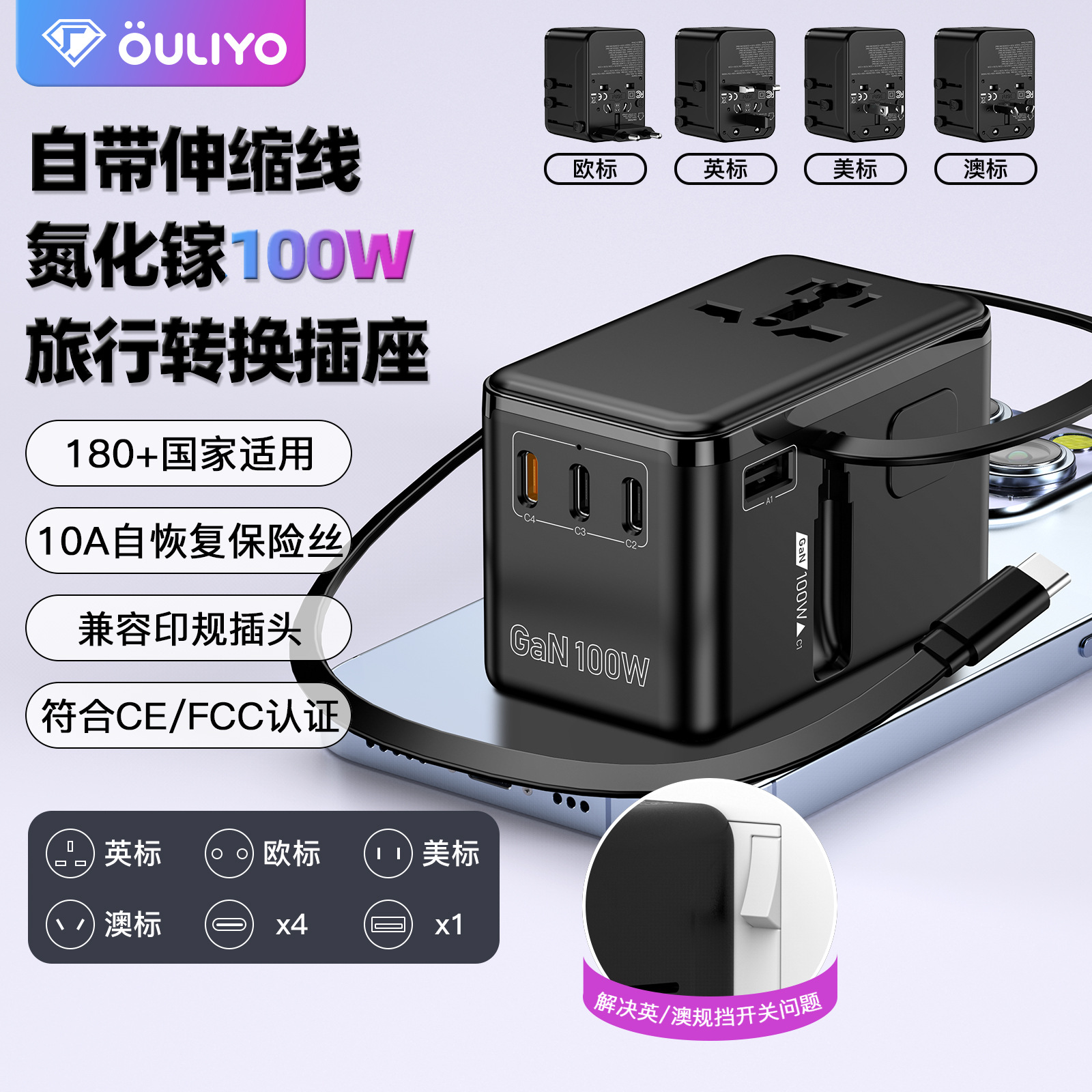 PD100W telescopic cable GaN fast charging adapter